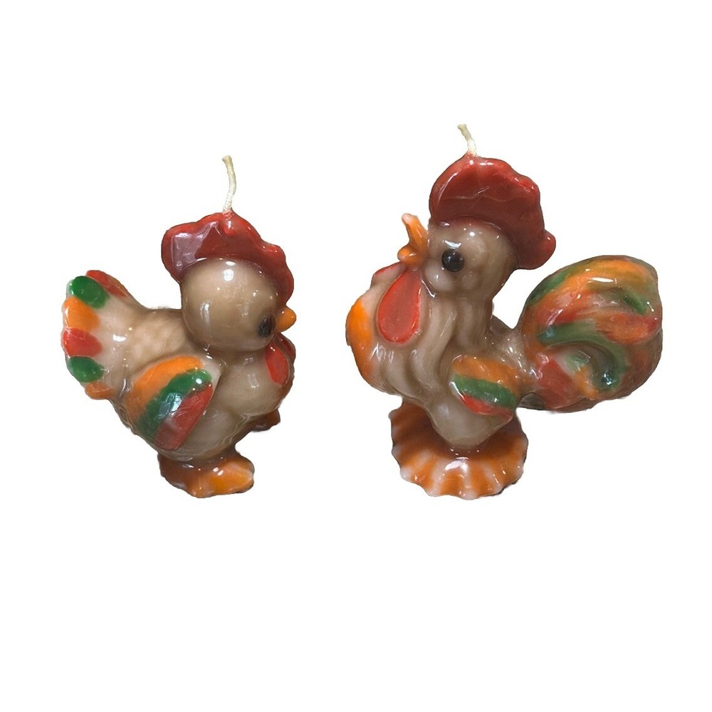 Rooster And Chick Candle Set Multicolored Vintage Never Burnt